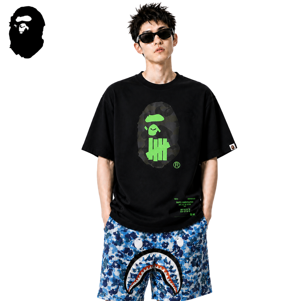 BAPE Green Block Camo Ape Head Men's T-Shirt - Black