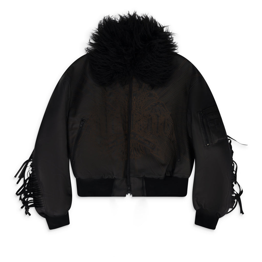 Black Faux Leather Detachable Fur Fringe Bomber Jacket