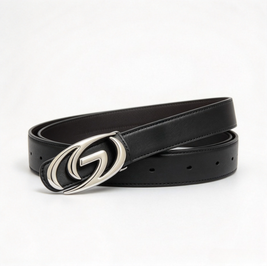 Futuristic Logo Leather Belt Polished Metal Buckle Fashion Waist Belt