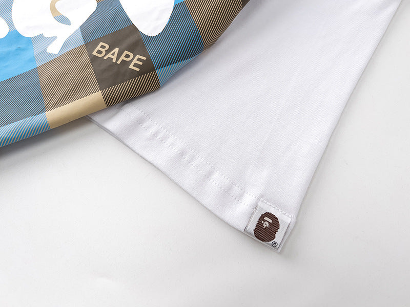 BAPE Blue Plaid Side Ape Head Men's T-Shirt - White