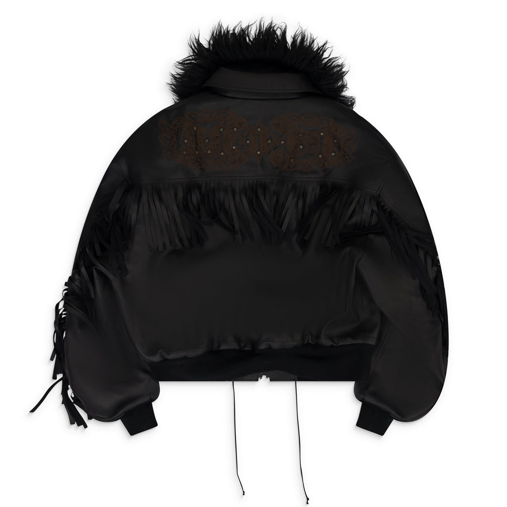 Black Faux Leather Detachable Fur Fringe Bomber Jacket