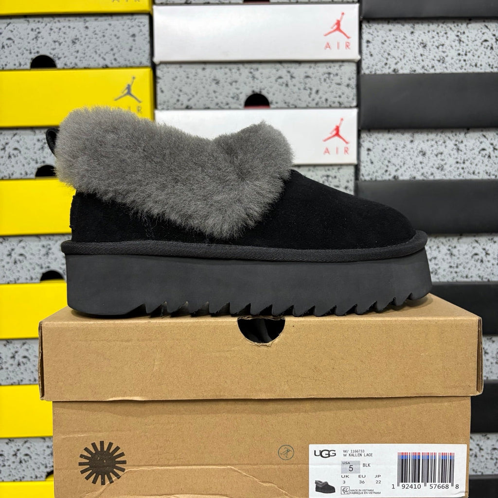 UGG Kallen Fold-Over Shearling Mule – Suede Open-Back Slipper with Grey Shearling Cuff & Chunky Lug Platform Sole in Black