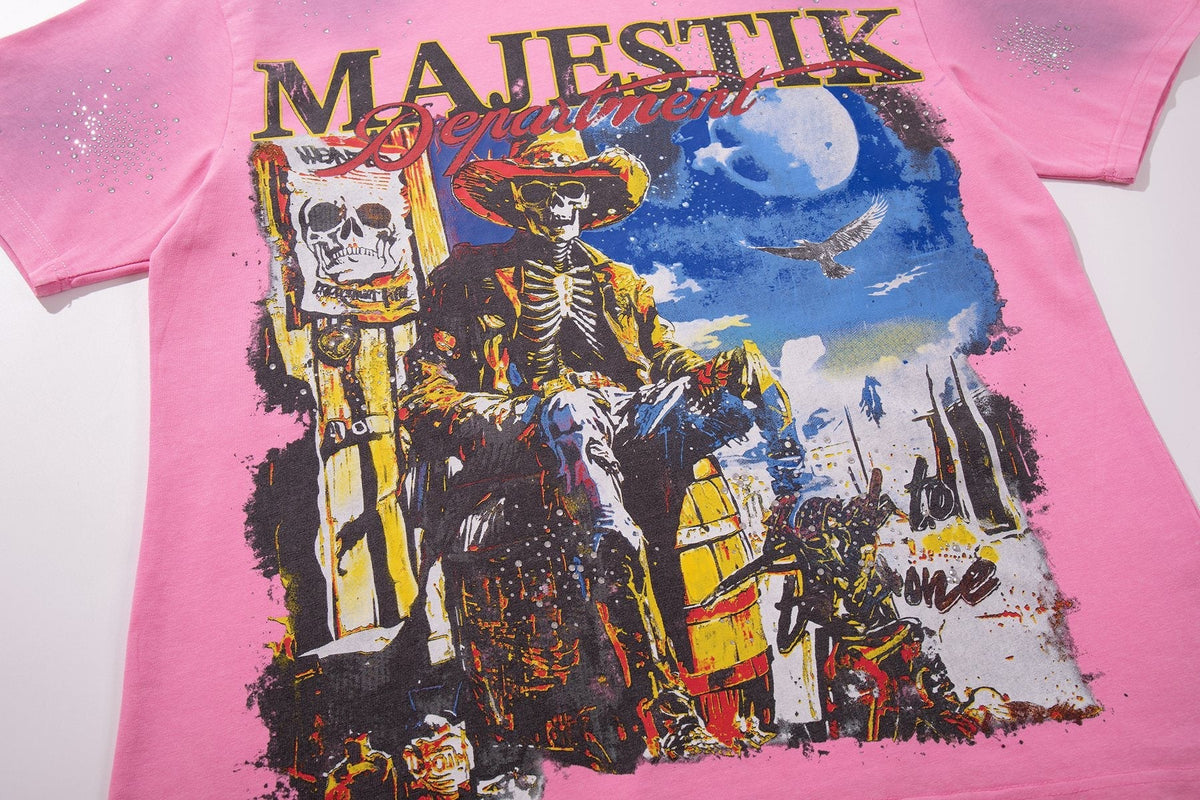 MAJESTIK Pink Rhinestone Distressed Graphic T-Shirt