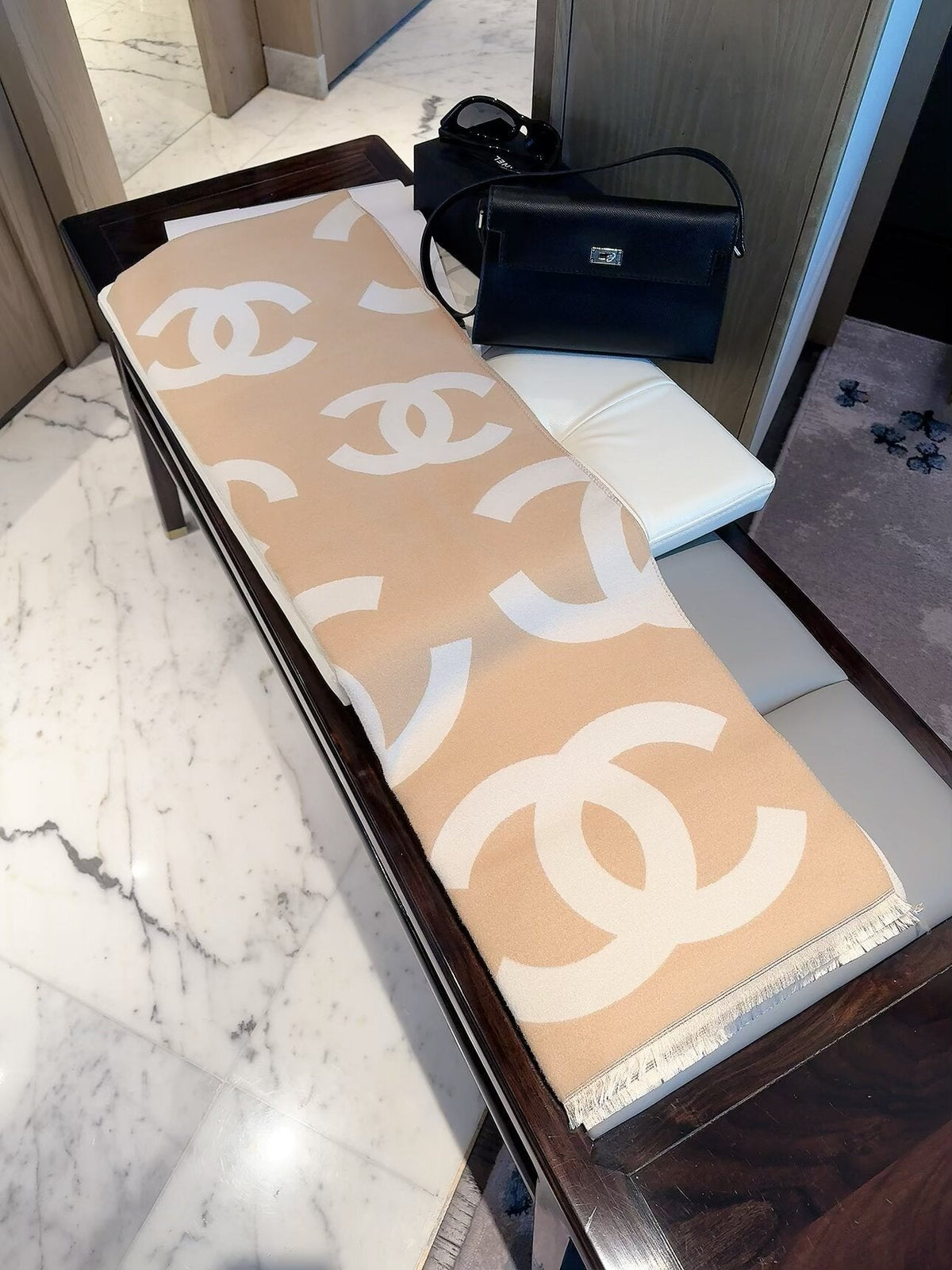 Chanel Style Oversized Logo Knit Scarf