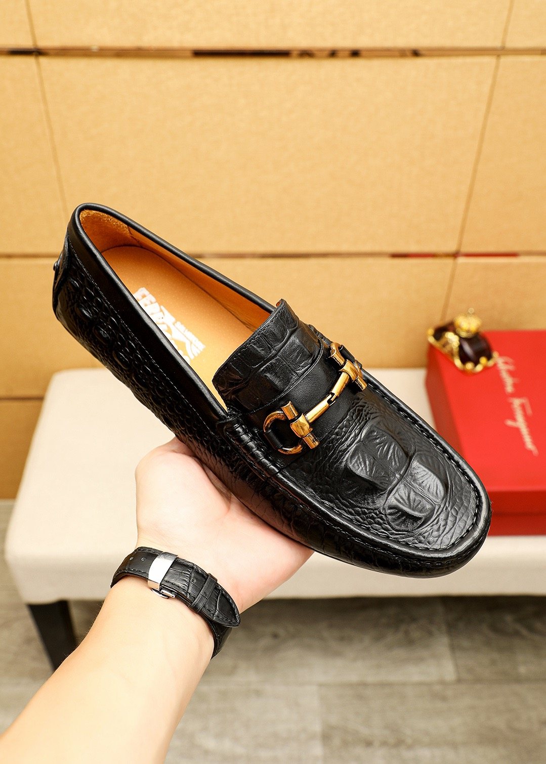 Ferragamo Black Embossed Leather Loafers