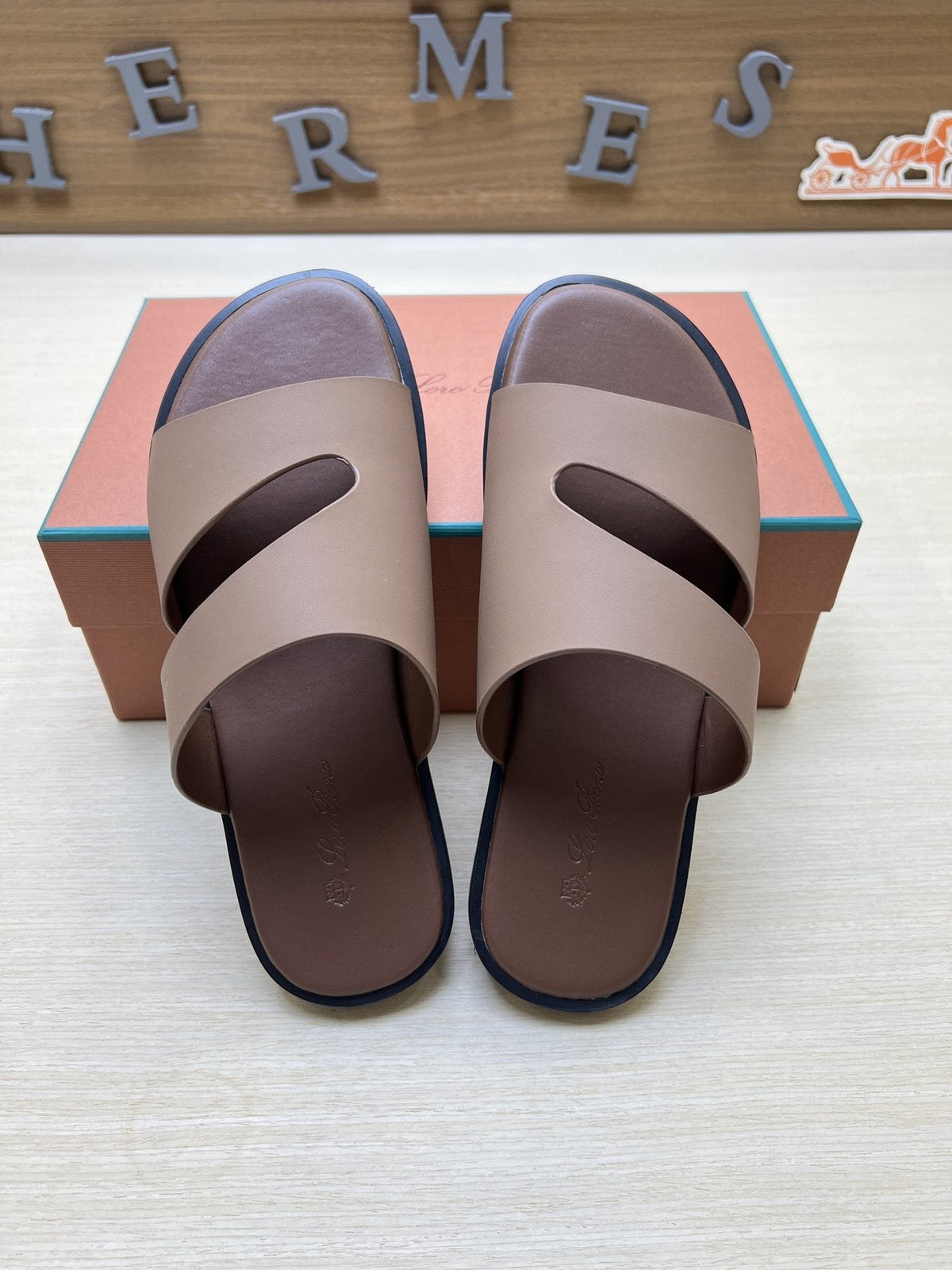 Loro Piana Taupe Brown Crossover Slide Sandals