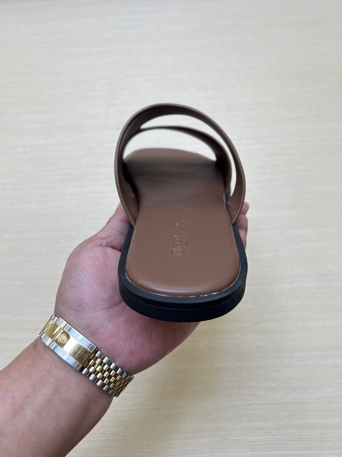 Loro Piana Taupe Brown Crossover Slide Sandals
