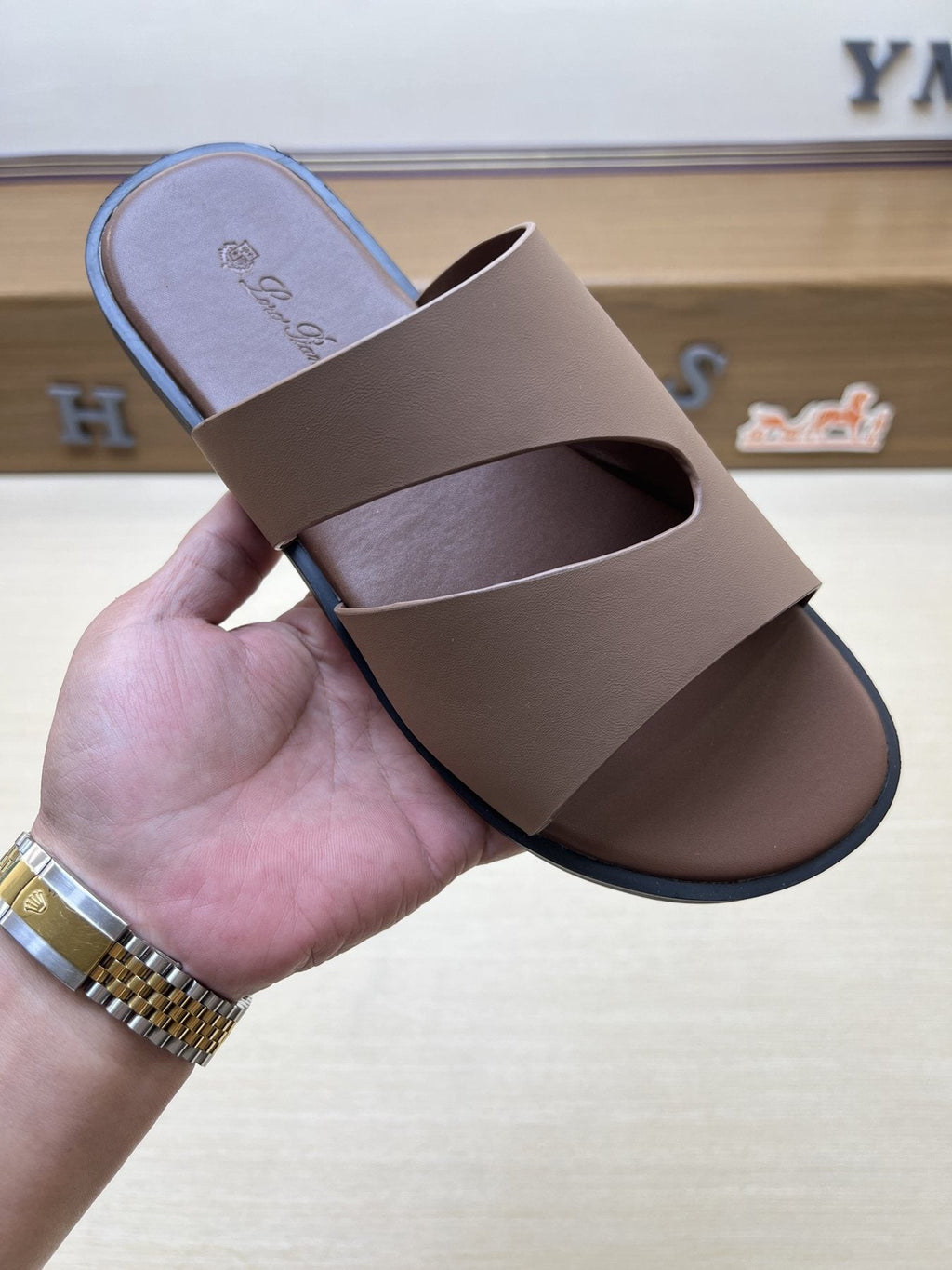 Loro Piana Taupe Brown Crossover Slide Sandals