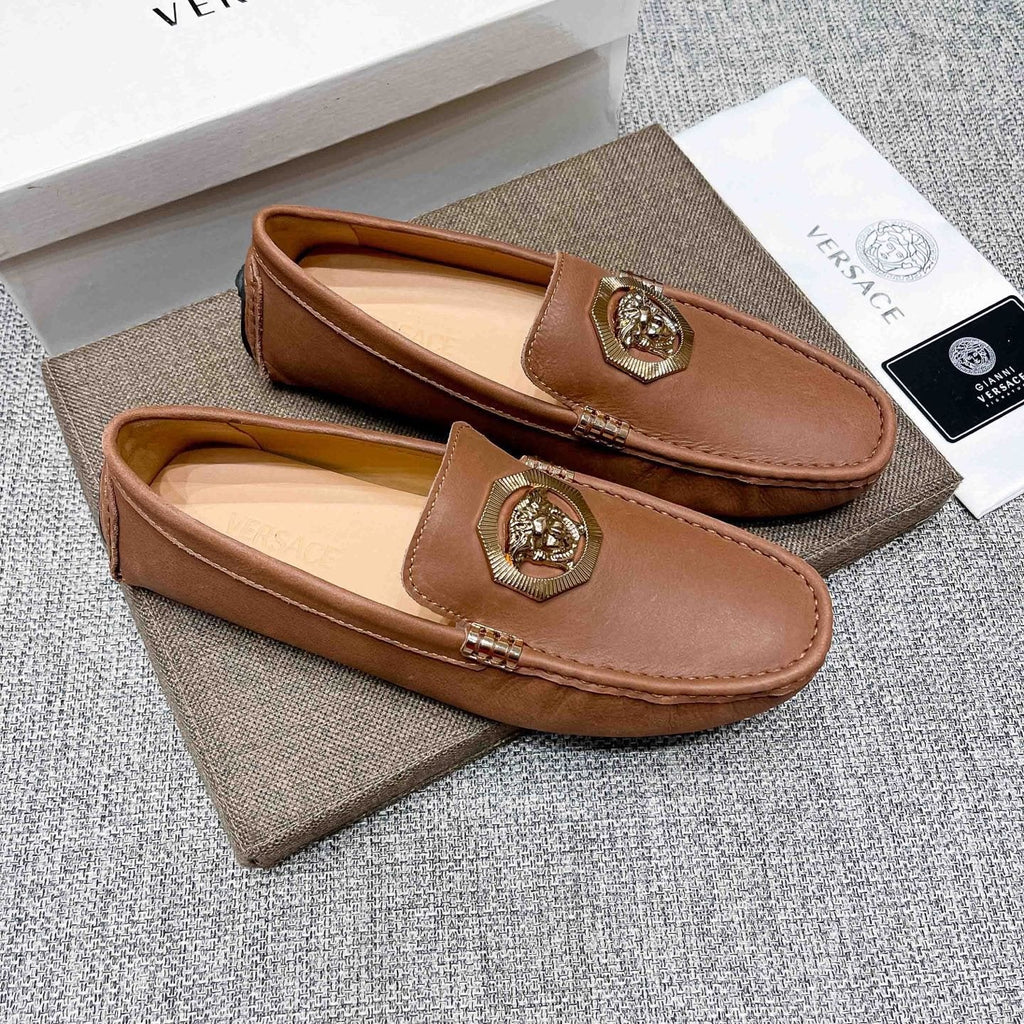 Versace Tan Brown Leather Driving Loafers