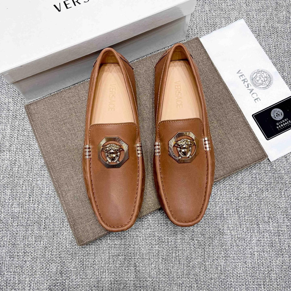 Versace Tan Brown Leather Driving Loafers
