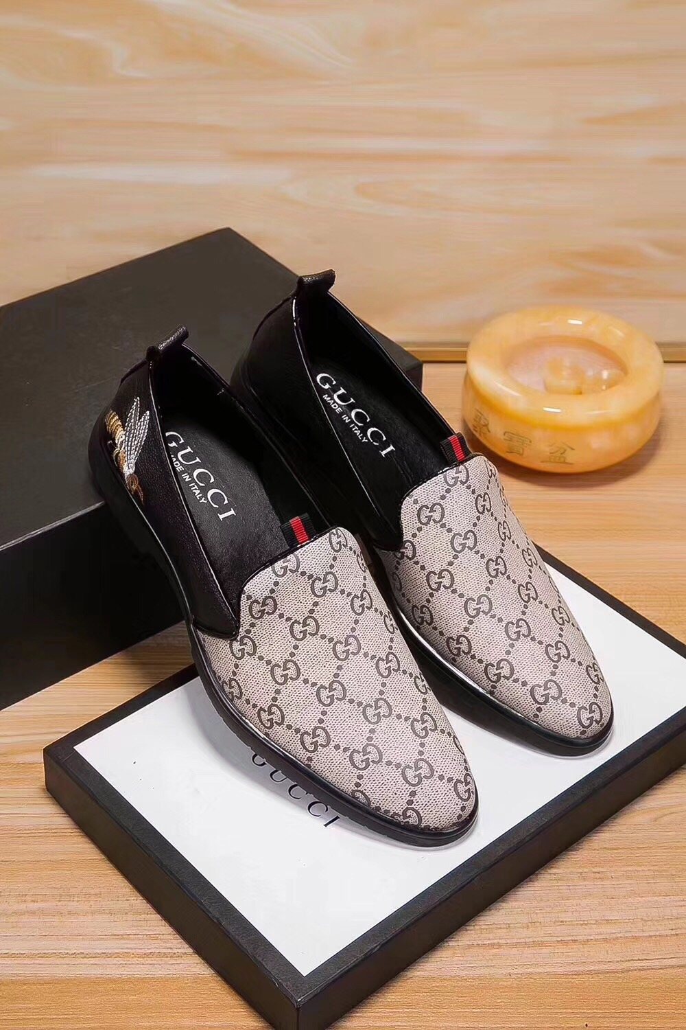 Gucci Men's Beige Monogram Slip-On Shoes