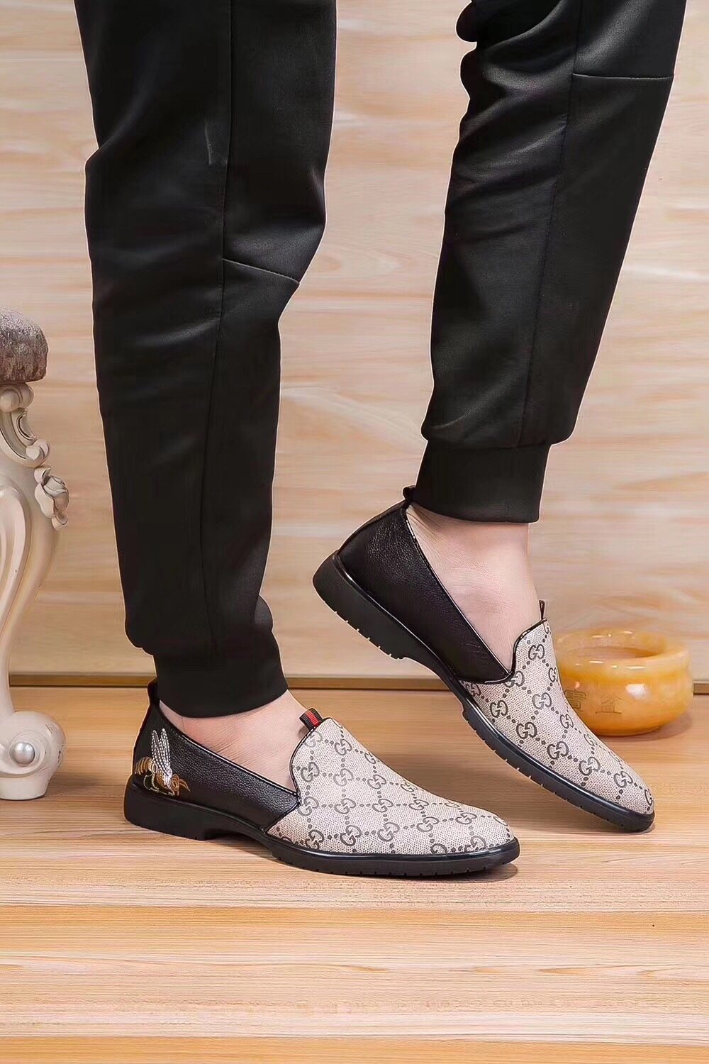 Gucci Men's Beige Monogram Slip-On Shoes