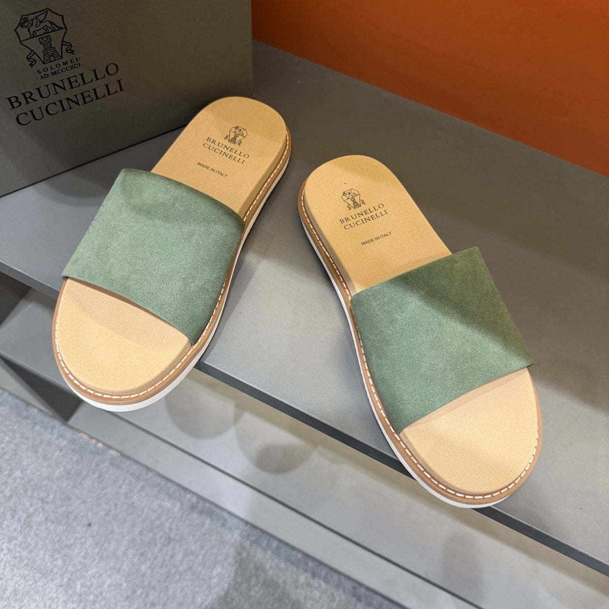 Brunello Cucinelli Men's Sage Green Slide Sandals