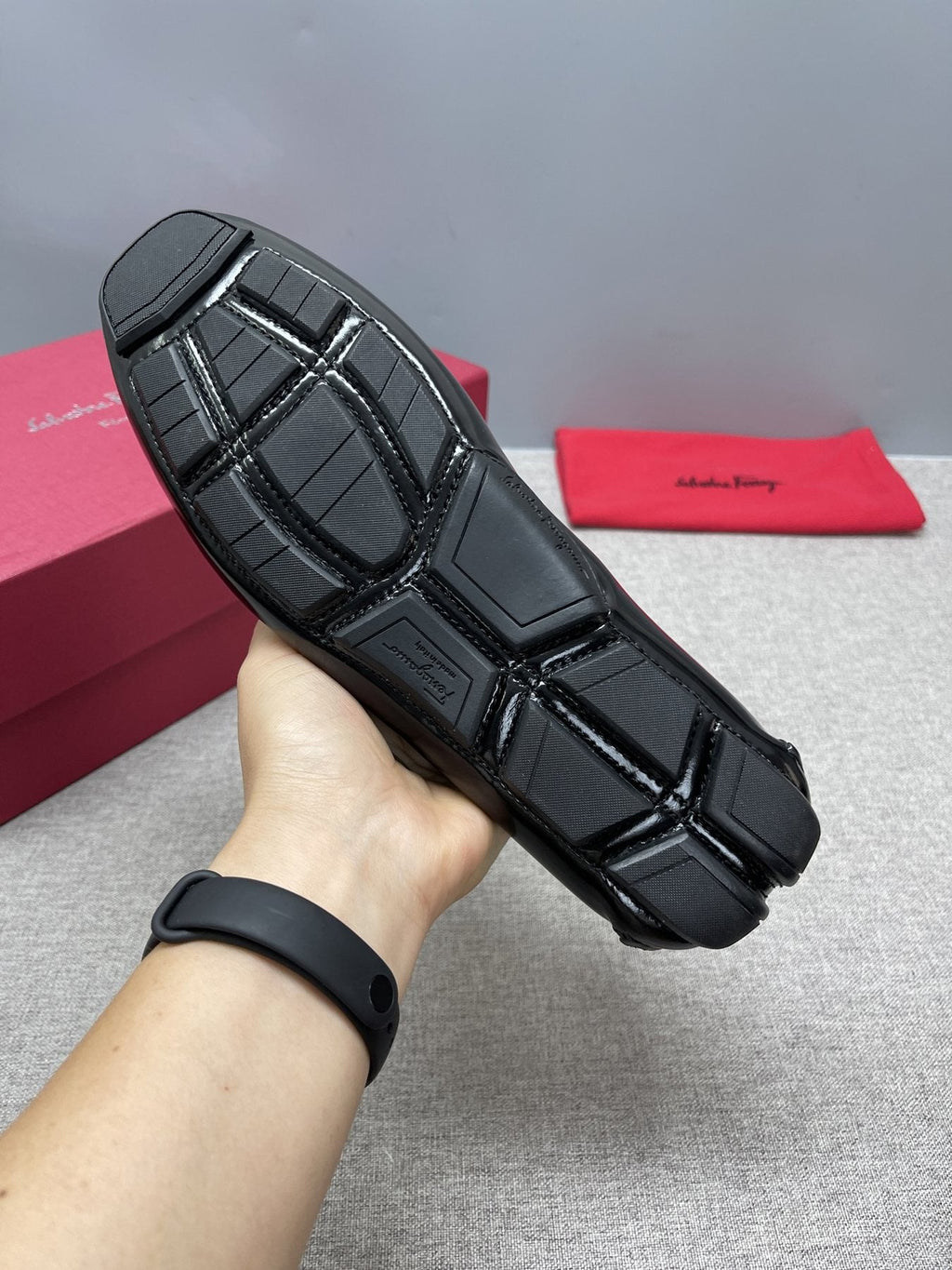 Ferragamo Men's Black Buckle Driving Loafers - Moc-Toe Stitching