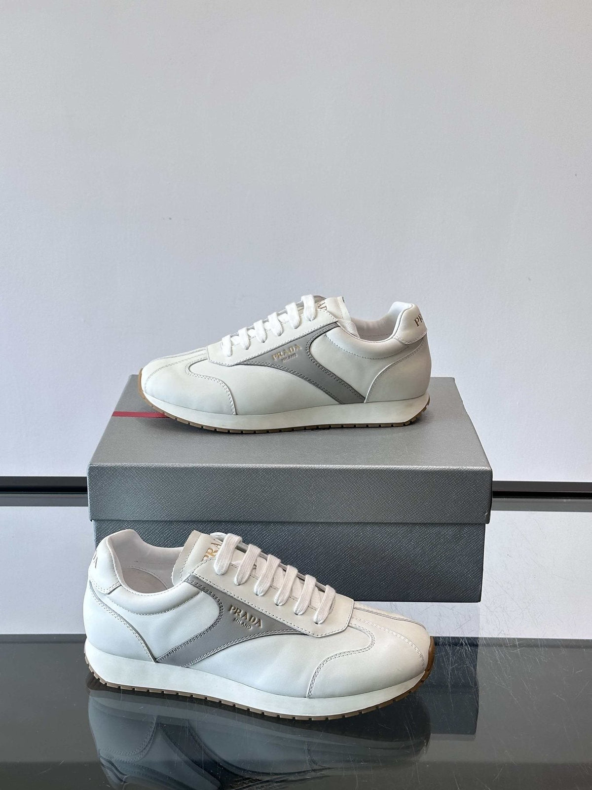 Prada Men's White and Light Gray Sneakers