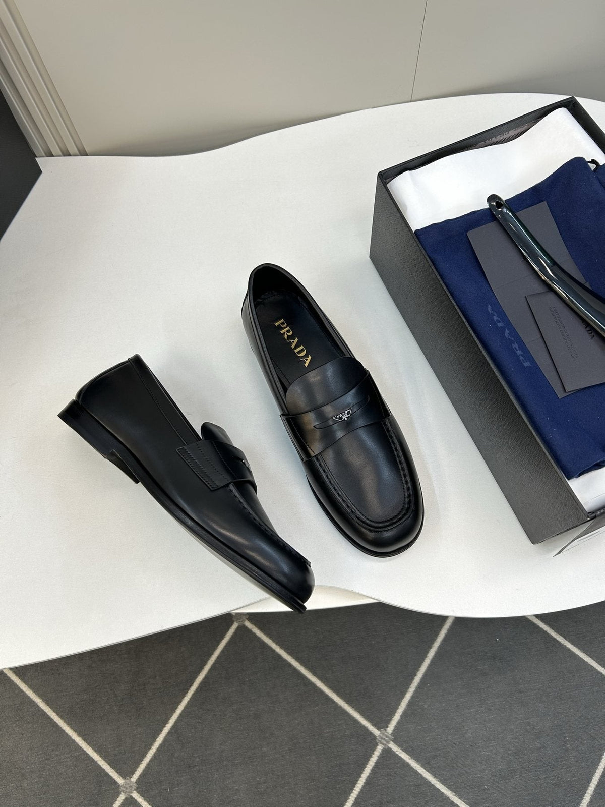 Prada Black Leather Penny Loafers