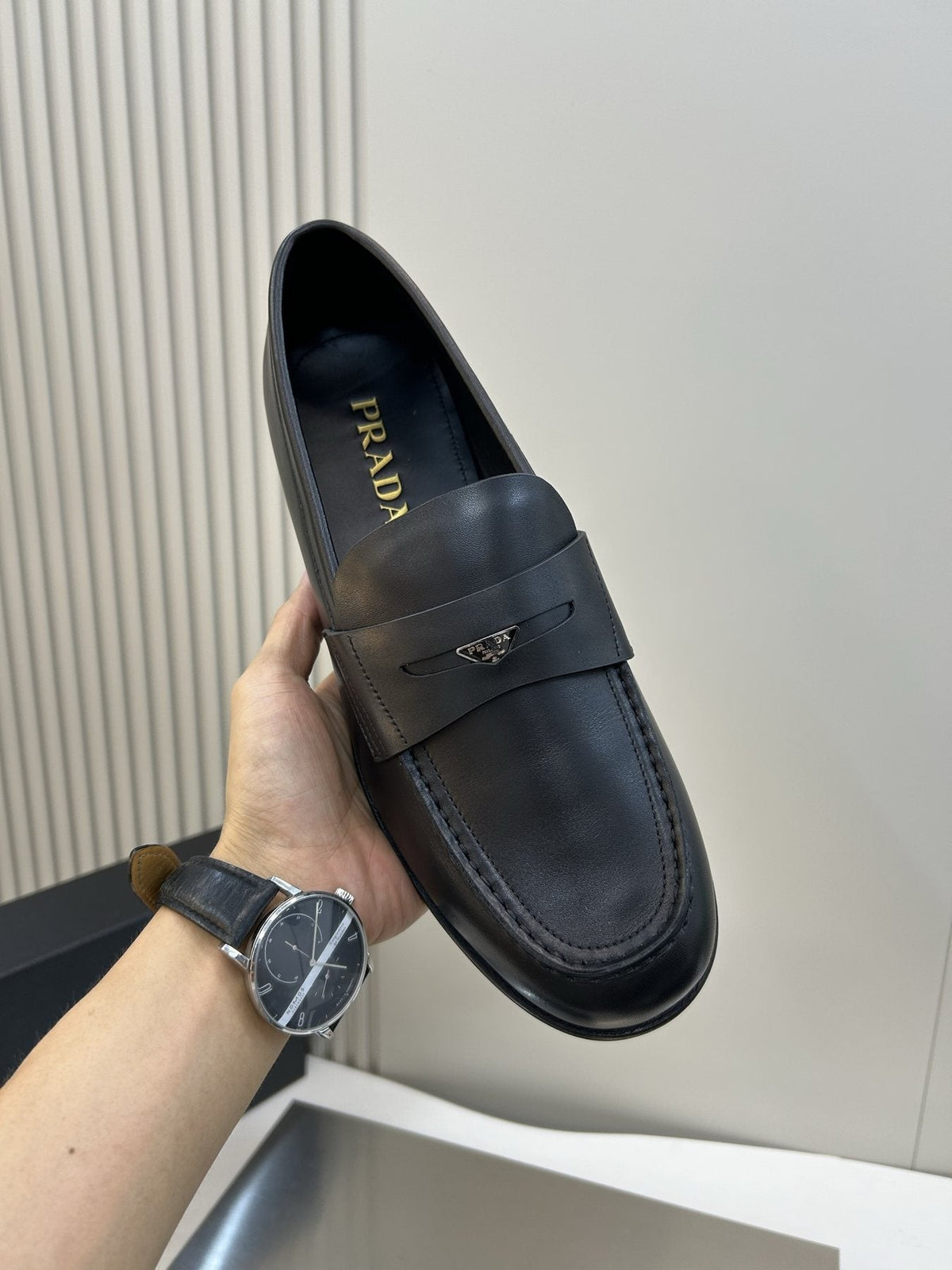 Prada Black Leather Penny Loafers