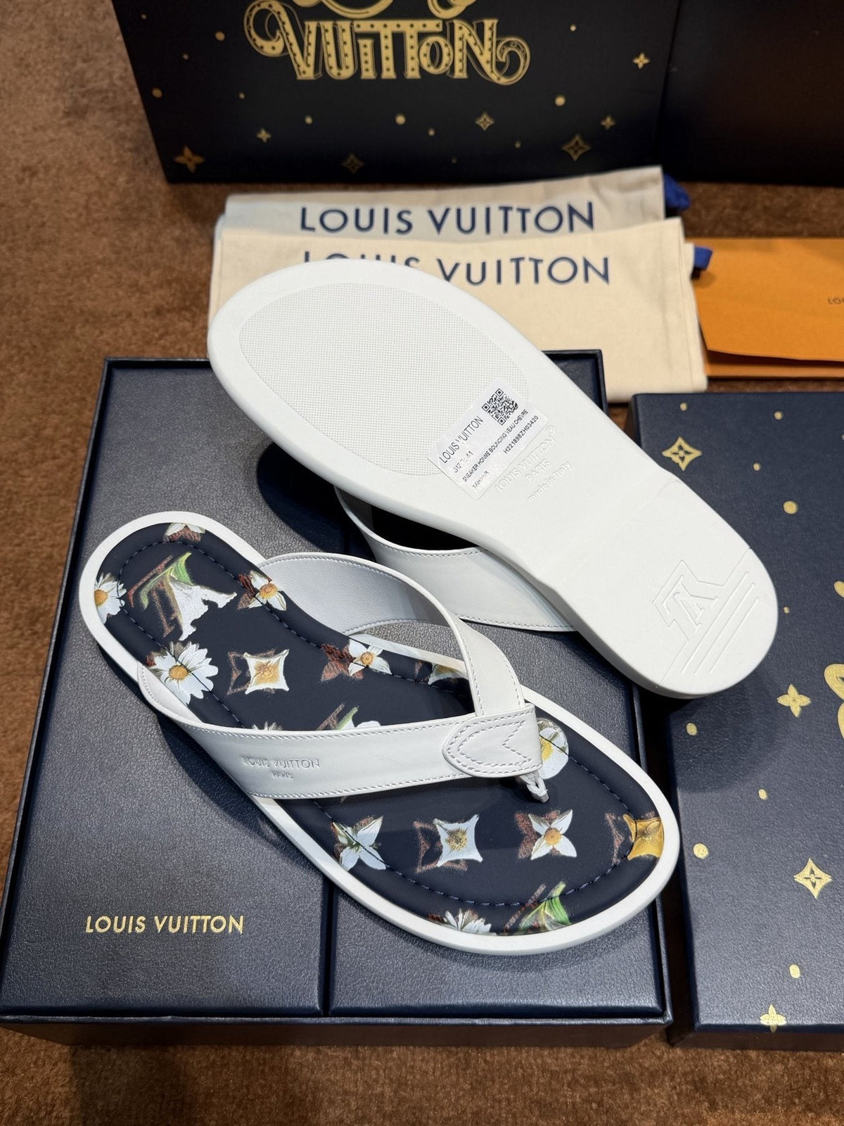 Louis Vuitton White & Navy Floral Flip-Flops