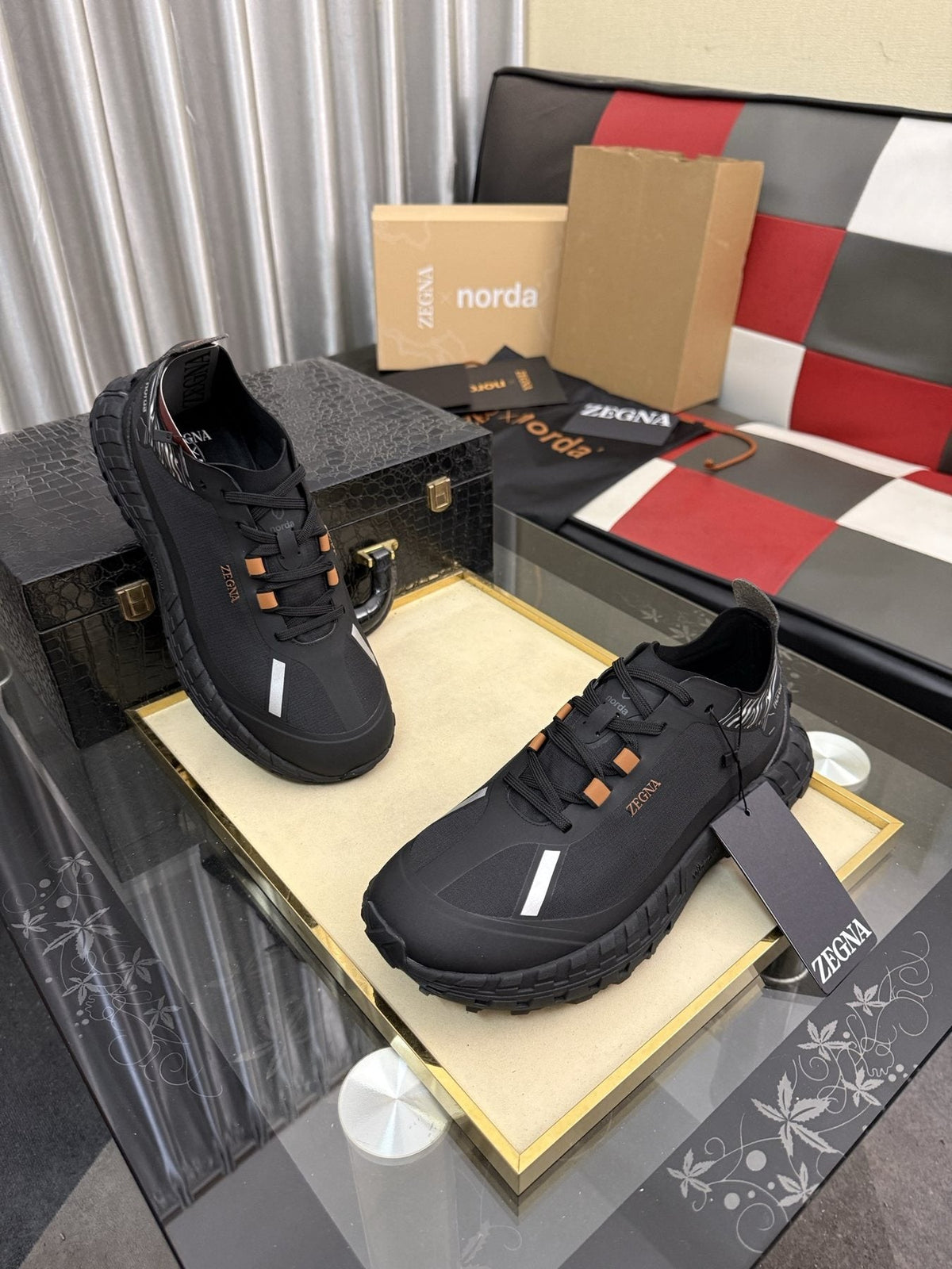 ZEGNA Black Trail Running Shoes with Orange Accents