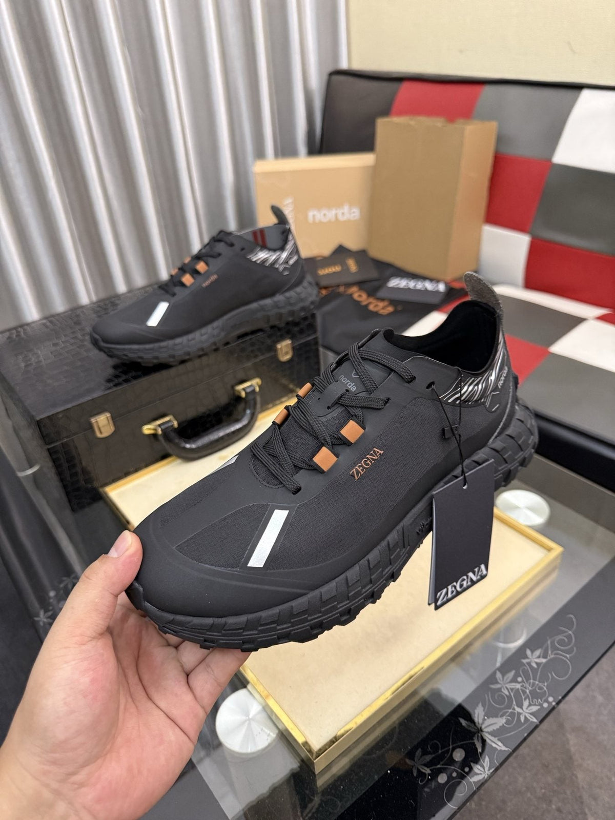 ZEGNA Black Trail Running Shoes with Orange Accents