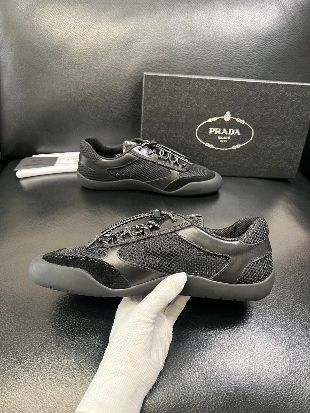 Prada Men's Black and Charcoal Low-Top Sneakers