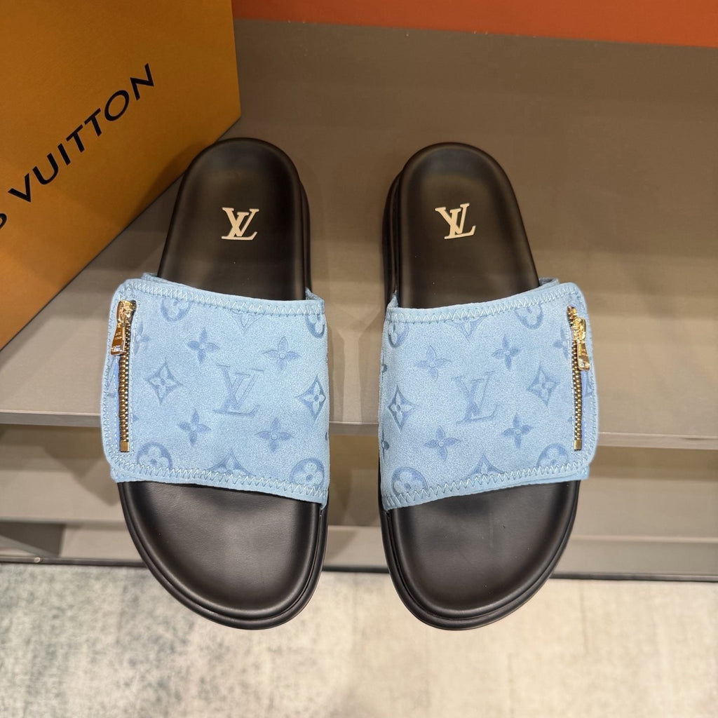 Louis Vuitton Light Blue Zip-Accent Slide Sandals