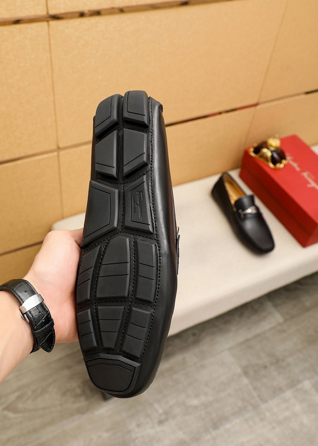 Ferragamo Black Metal-Trim Loafers