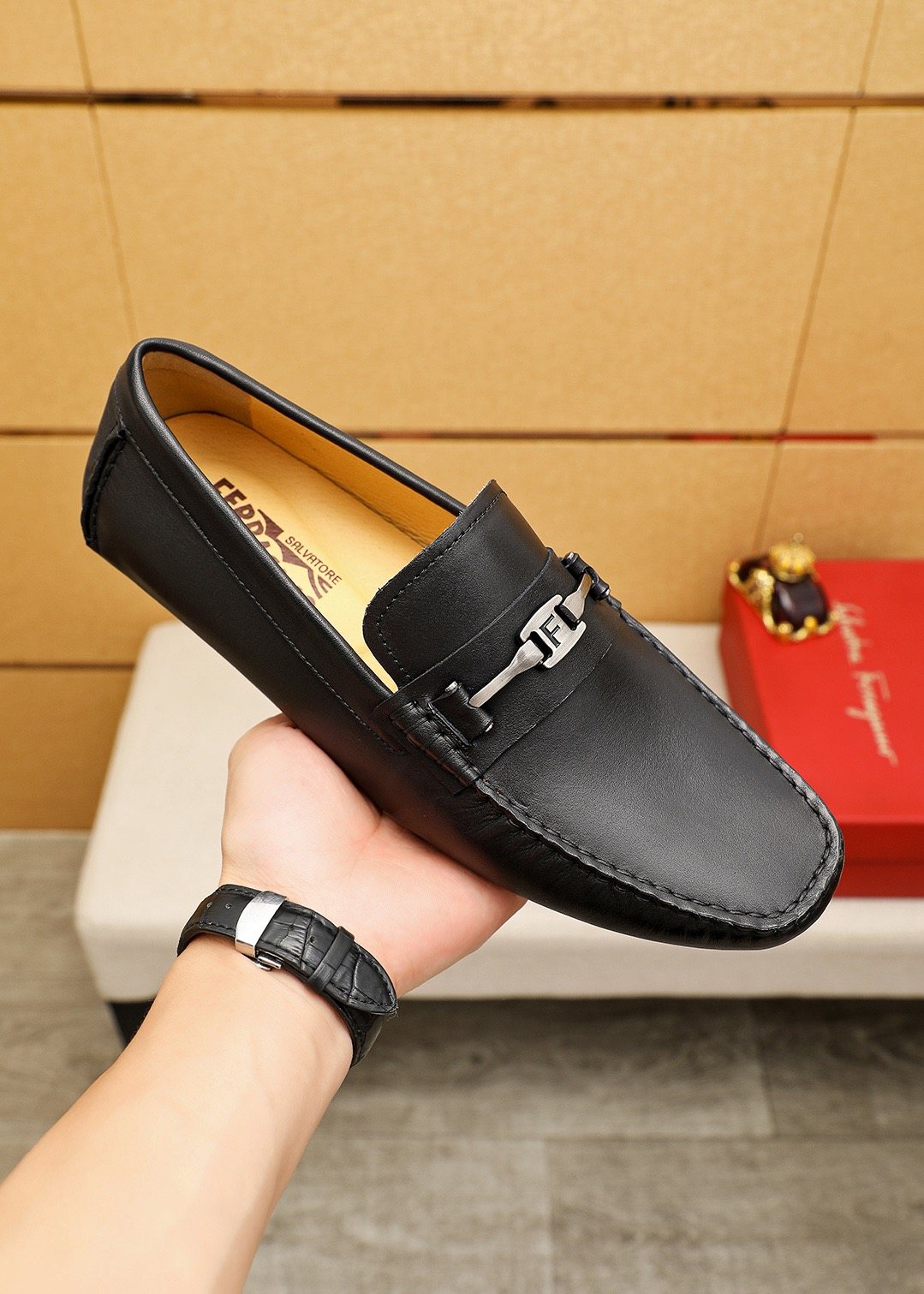 Ferragamo Black Metal-Trim Loafers