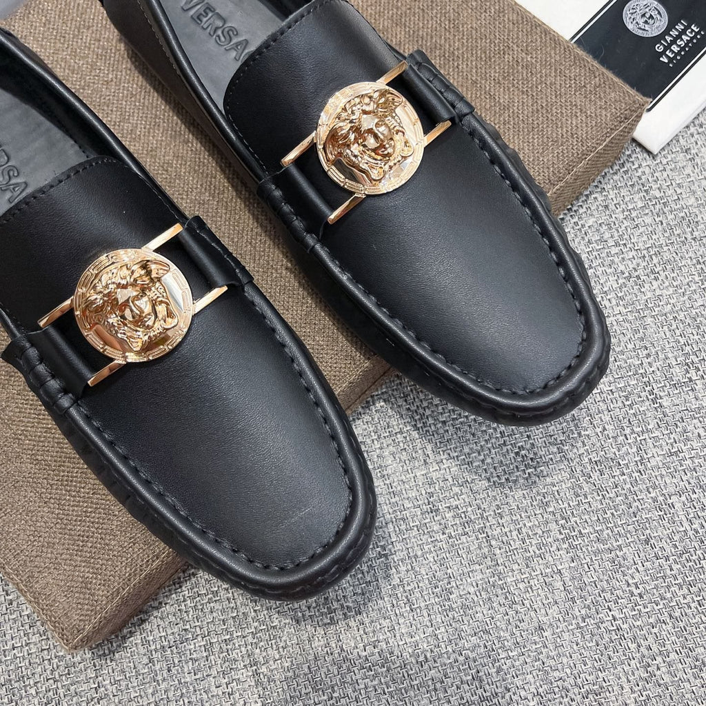 Versace Men's Black Gold-Tone Hardware Loafers - Rubber Outsole