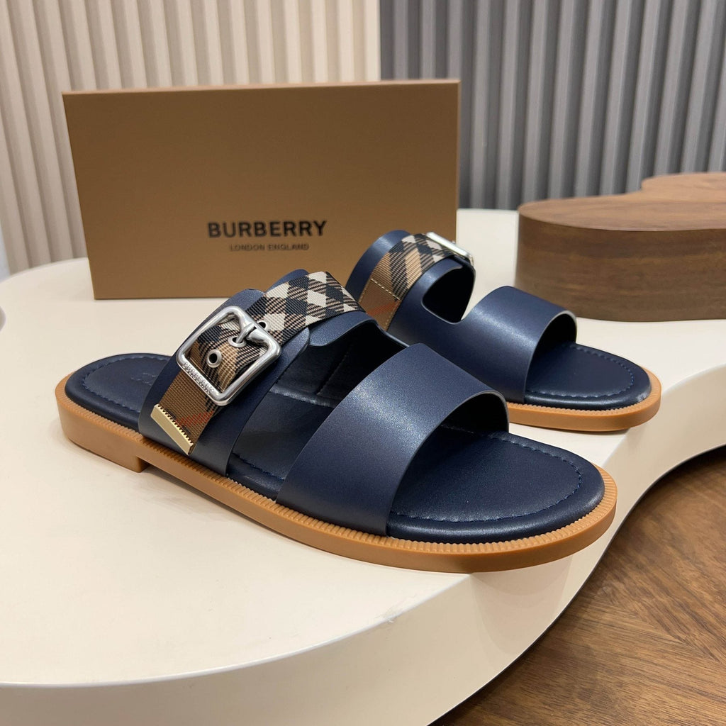 Burberry Plaid Buckle Slide Sandals - Flat Sole