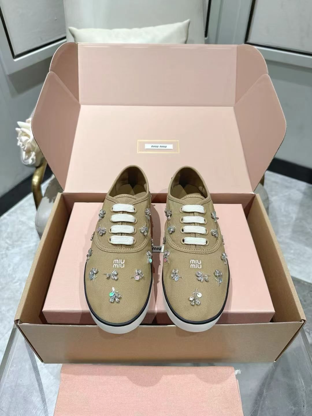 Miu Miu Floral Rhinestone Canvas Sneakers