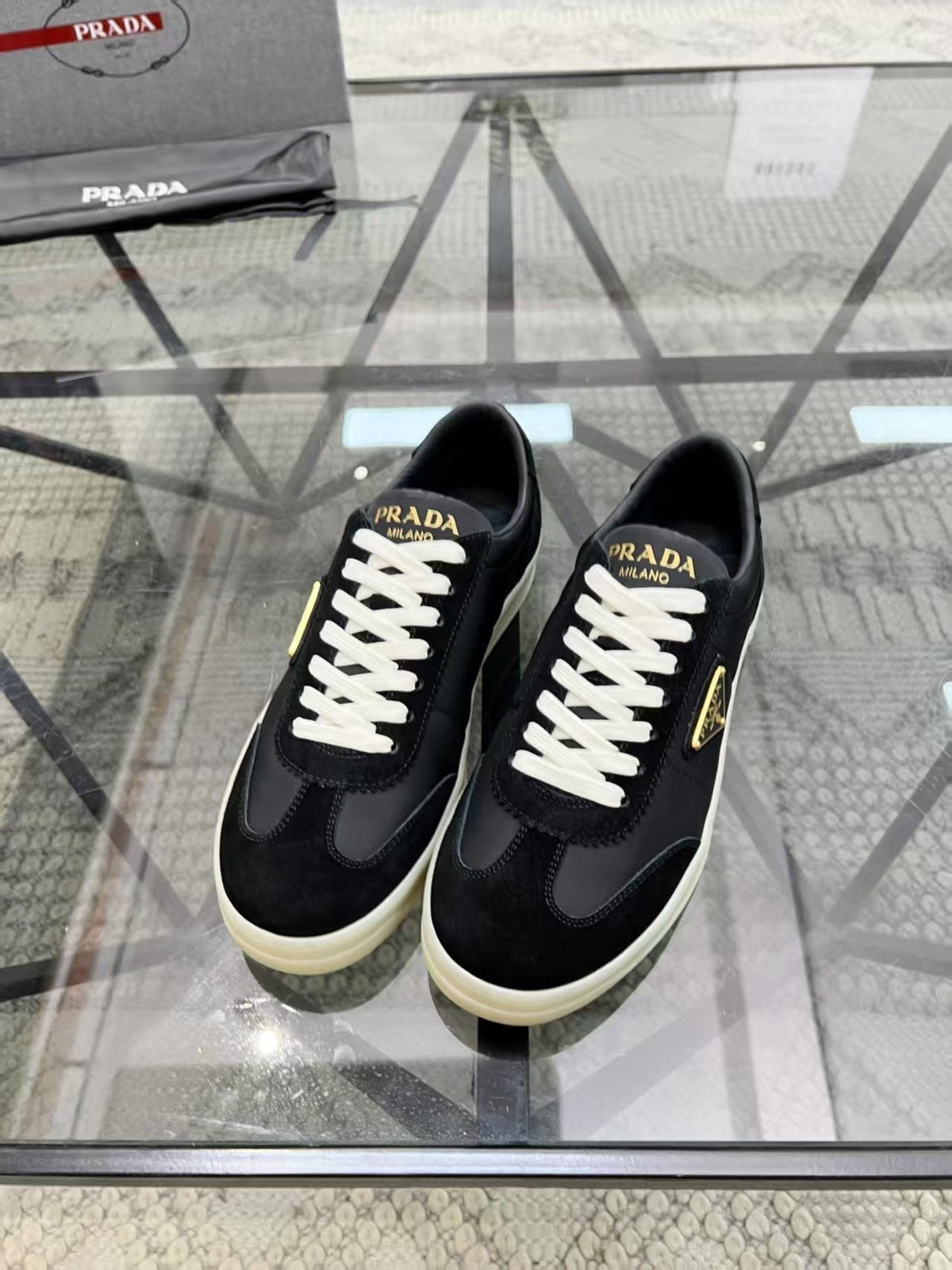 Prada Men's Low-Top Leather Sneakers - Cream Rubber Sole