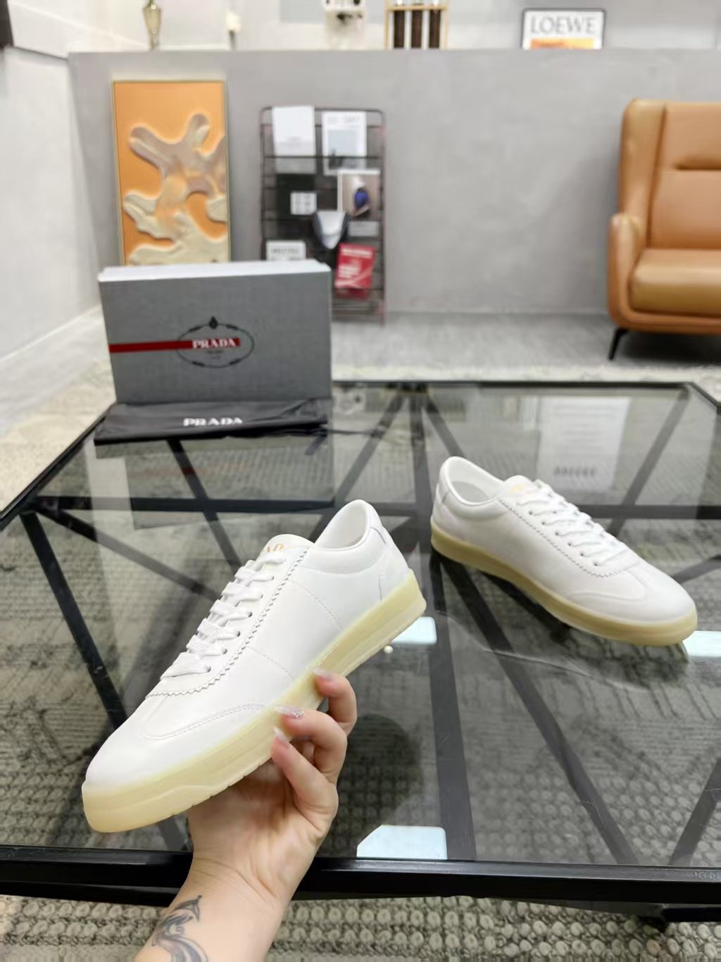 Prada Men's Low-Top Leather Sneakers - Cream Rubber Sole