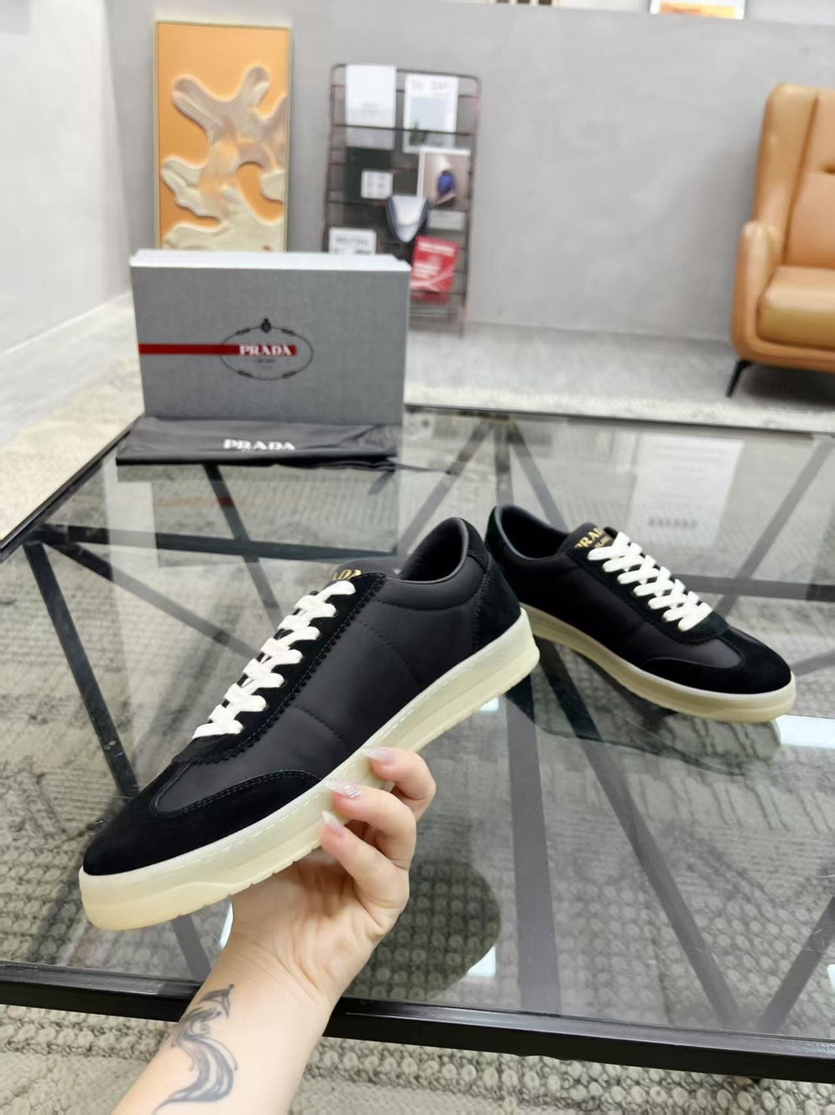 Prada Men's Low-Top Leather Sneakers - Cream Rubber Sole