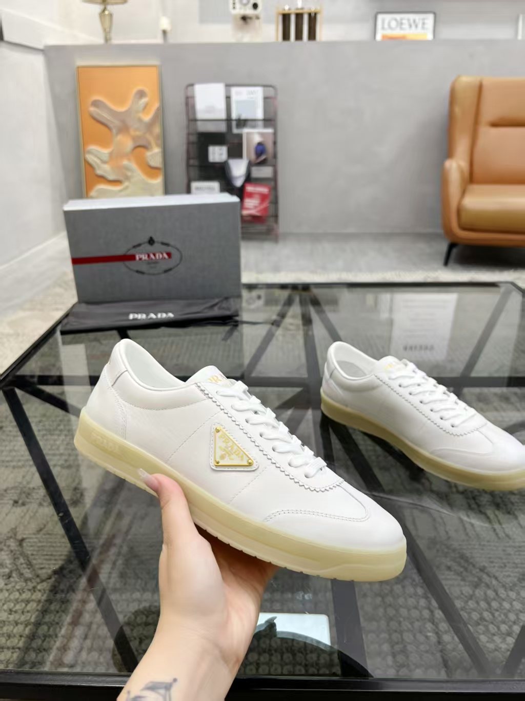 Prada Men's Low-Top Leather Sneakers - Cream Rubber Sole