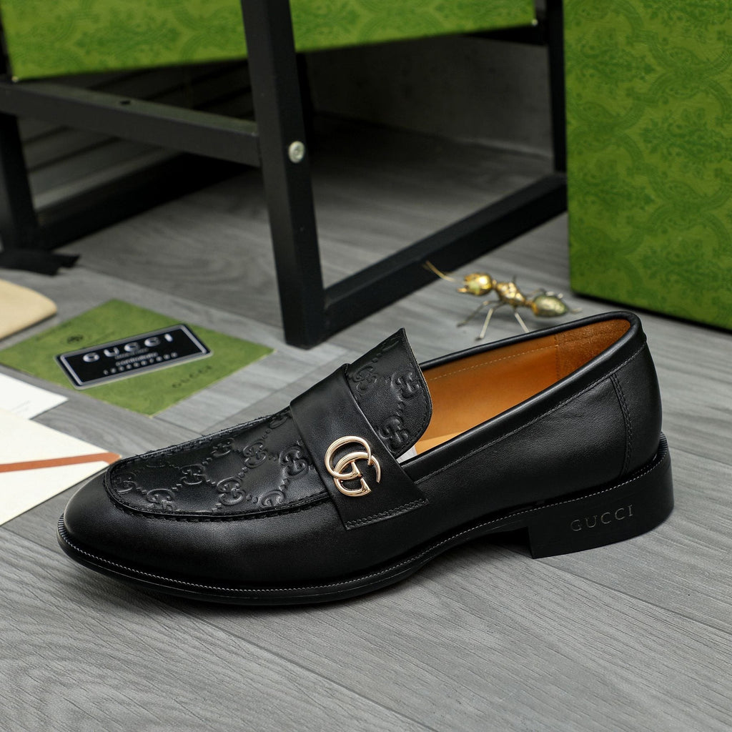 Gucci Black Embossed Loafers with Gold-Tone Detail