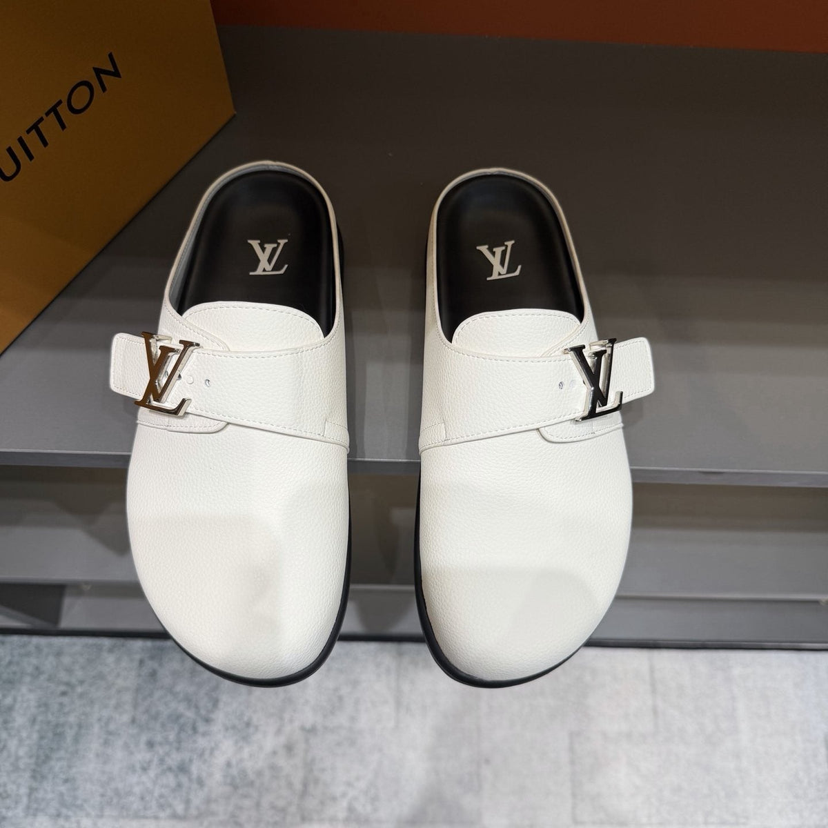 Louis Vuitton Men's Buckled Monogram Mule Shoes