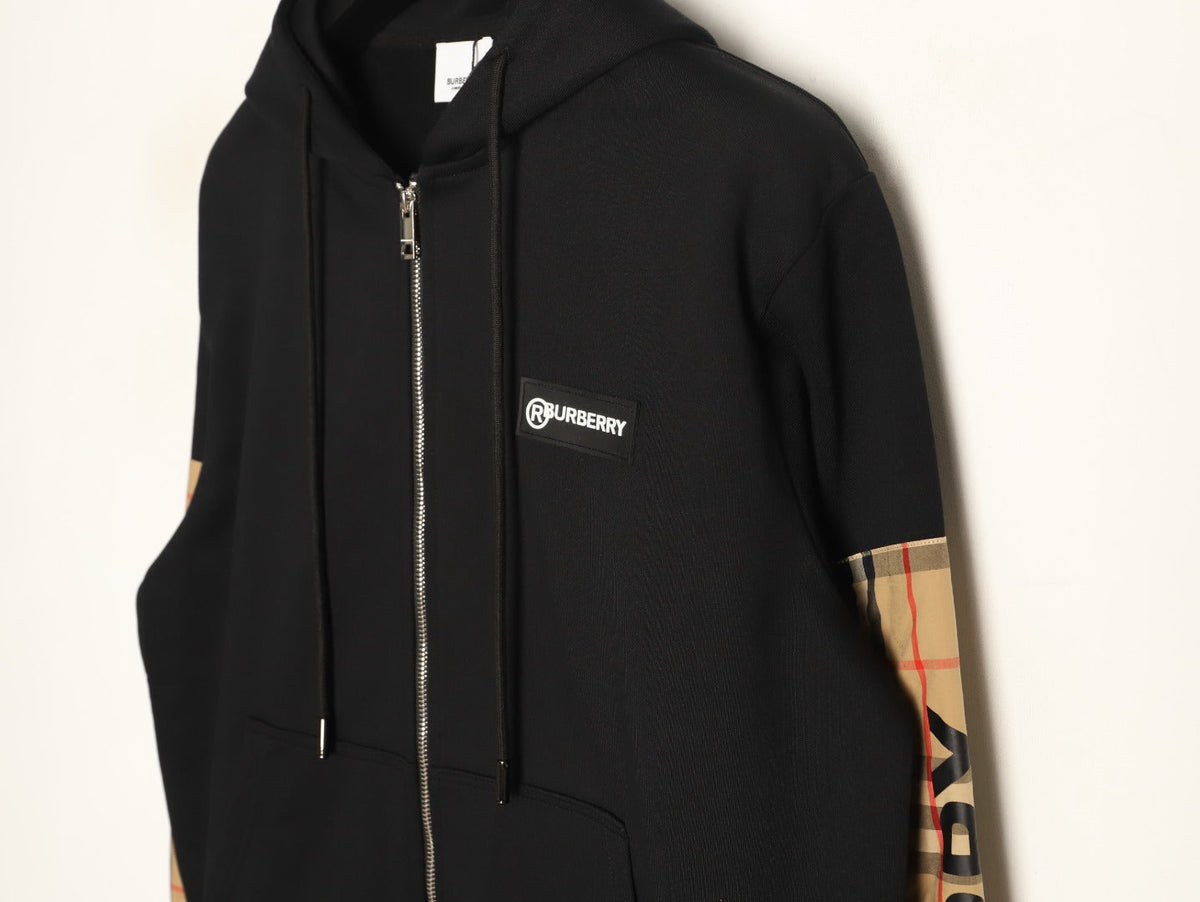 Burberry Logo-Detail Check-Panel Hooded Zip Jacket - Black