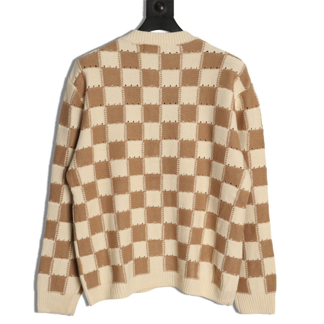 Louis Vuitton Checkerboard Crewneck Knit Cardigan - Khaki and Cream