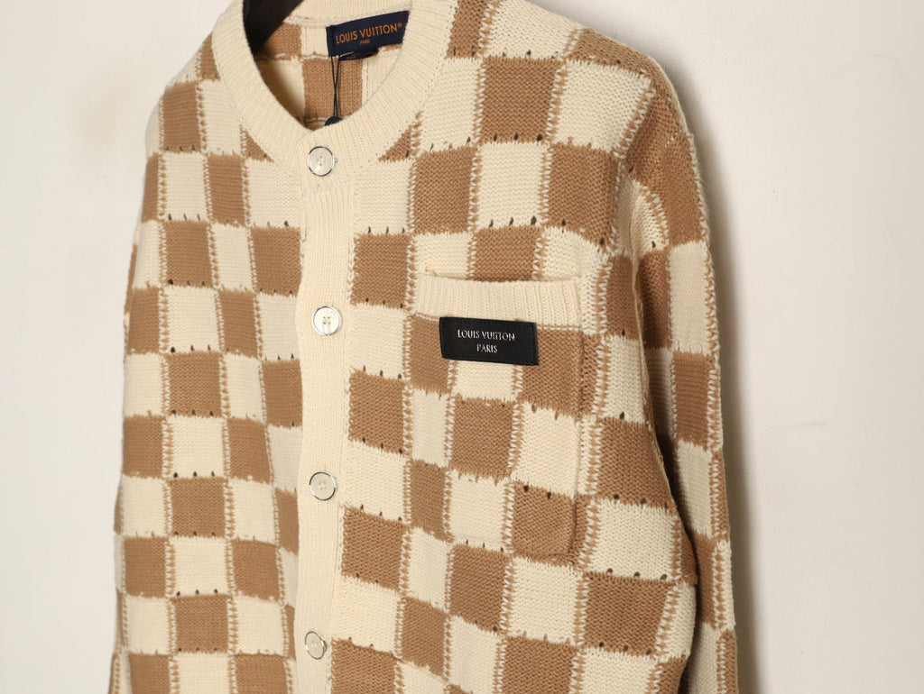 Louis Vuitton Checkerboard Crewneck Knit Cardigan - Khaki and Cream